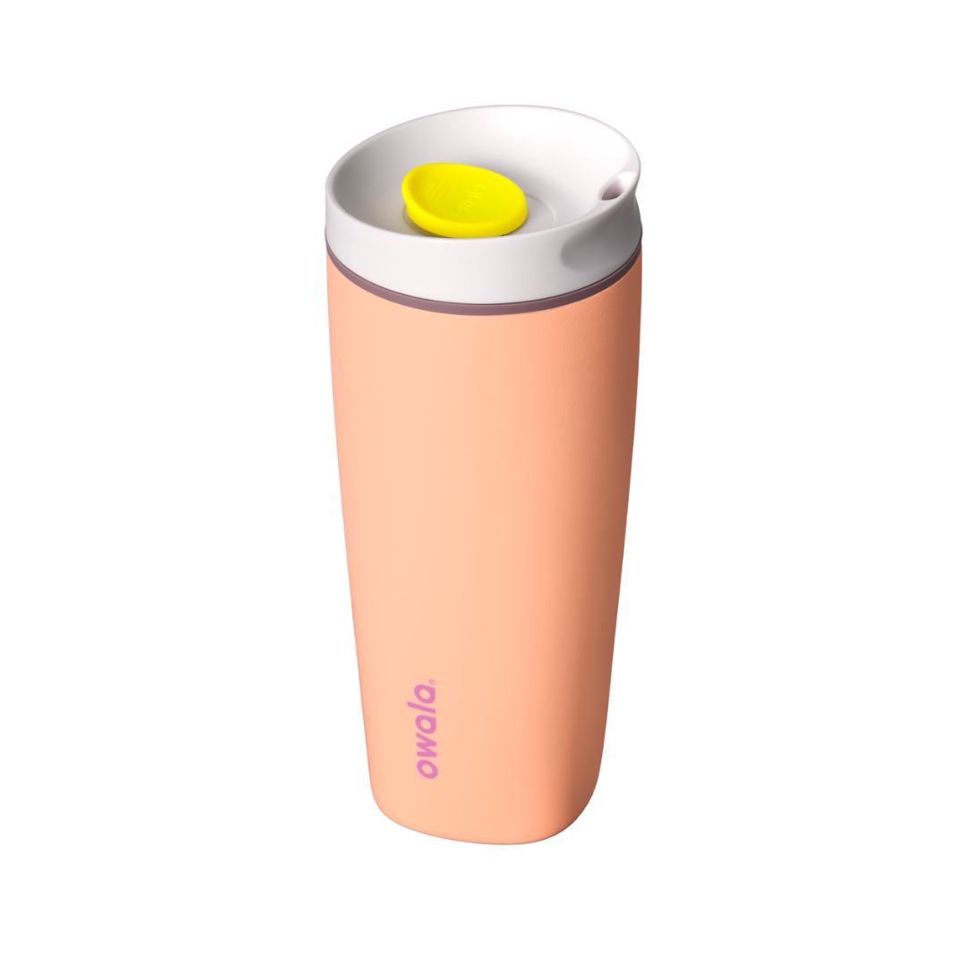 SmoothSip Slider 20oz, peach orange body with white lid and yellow slider button