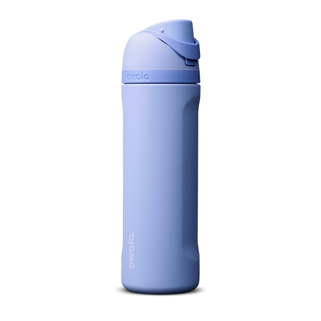Owala FreeSip 24oz in Out of the Blue, periwinkle blue insulated bottle with matching blue-lavender flip cap and carry loop